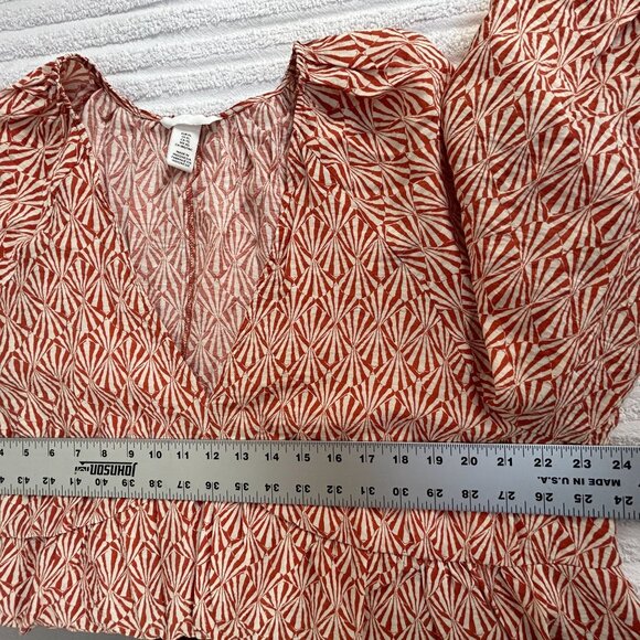 H&M Womens Orange White Deep V-Neck Tunic A-Line Dress XL Balloon Sleeves Boho - Picture 6 of 8